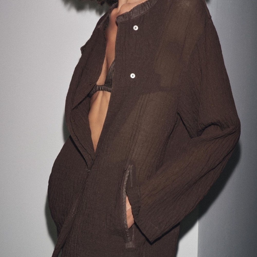 NWT Zara Textured Oversized Button-Front Linen Blend Blouse In Brown - XS/S